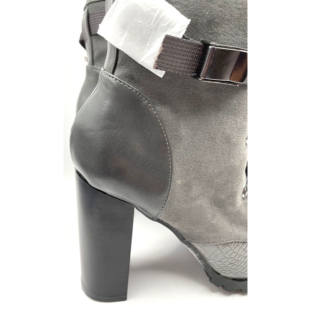 Just Fab Women's Ankle Block Boots Size 8 Gray Zip Side Lace Up Faux Leather - Picture 4 of 14